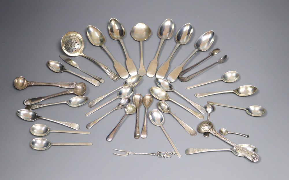 A group of assorted 19th century and later minor silver flatware, two white metal items and a plated condiment spoon, 14oz.